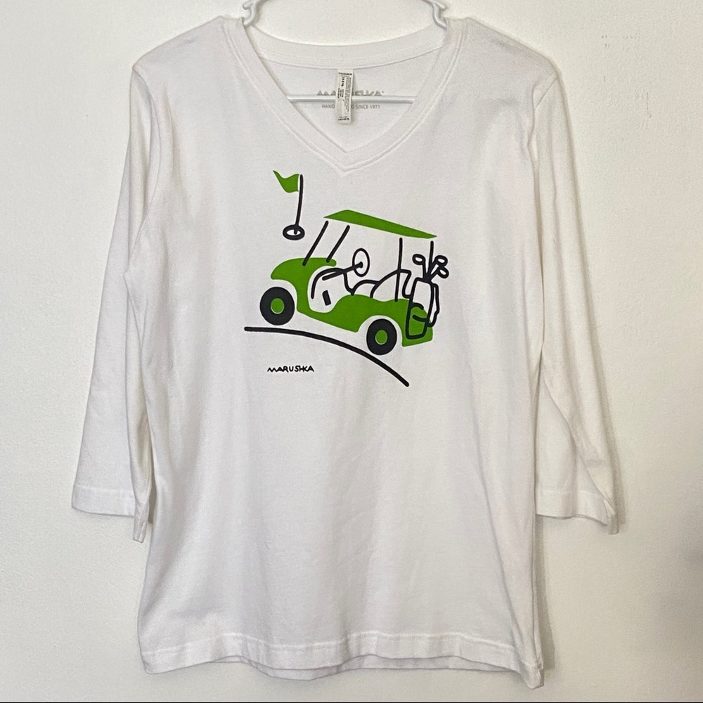 Marushka 100% cotton white tshirt with green golf cart and tee flag vneck
